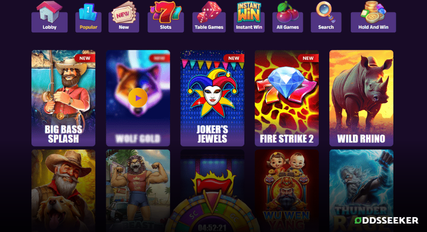 A screenshot of the desktop casino games library page for SweepSlots